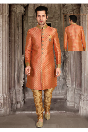 Bright Peach with Gold Color Designer New Indo Western Sherwani